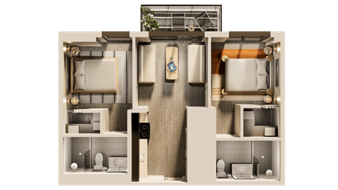 A 3D rendered image of a house layout.